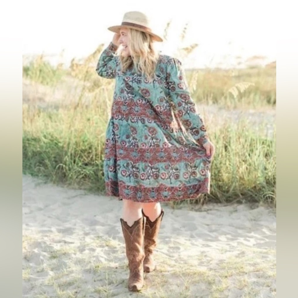 Victoria Dunn Peony Dress Smocked Yoke in Burnt Sienna Floral Size XS Boho Fall